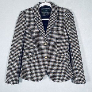 J Crew Schoolboy Blazer Womens 2 Brown 100% Wool Houndstooth Jacket Gold